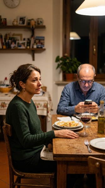 Woman over 50 sitting in silence at dinner while husband scrolls phone