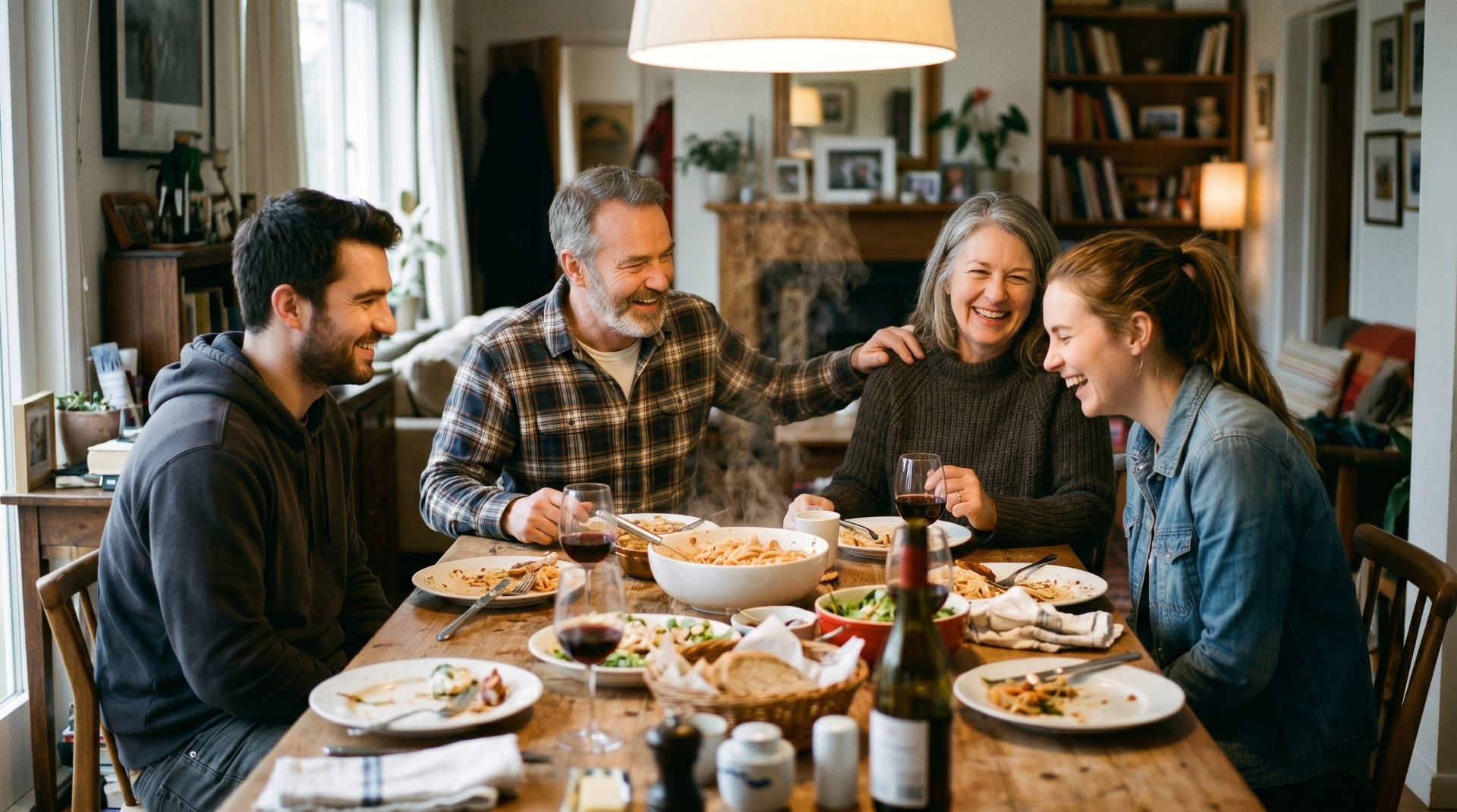 Happy family of four laughing together at a warm dinner table — the second-youth reality