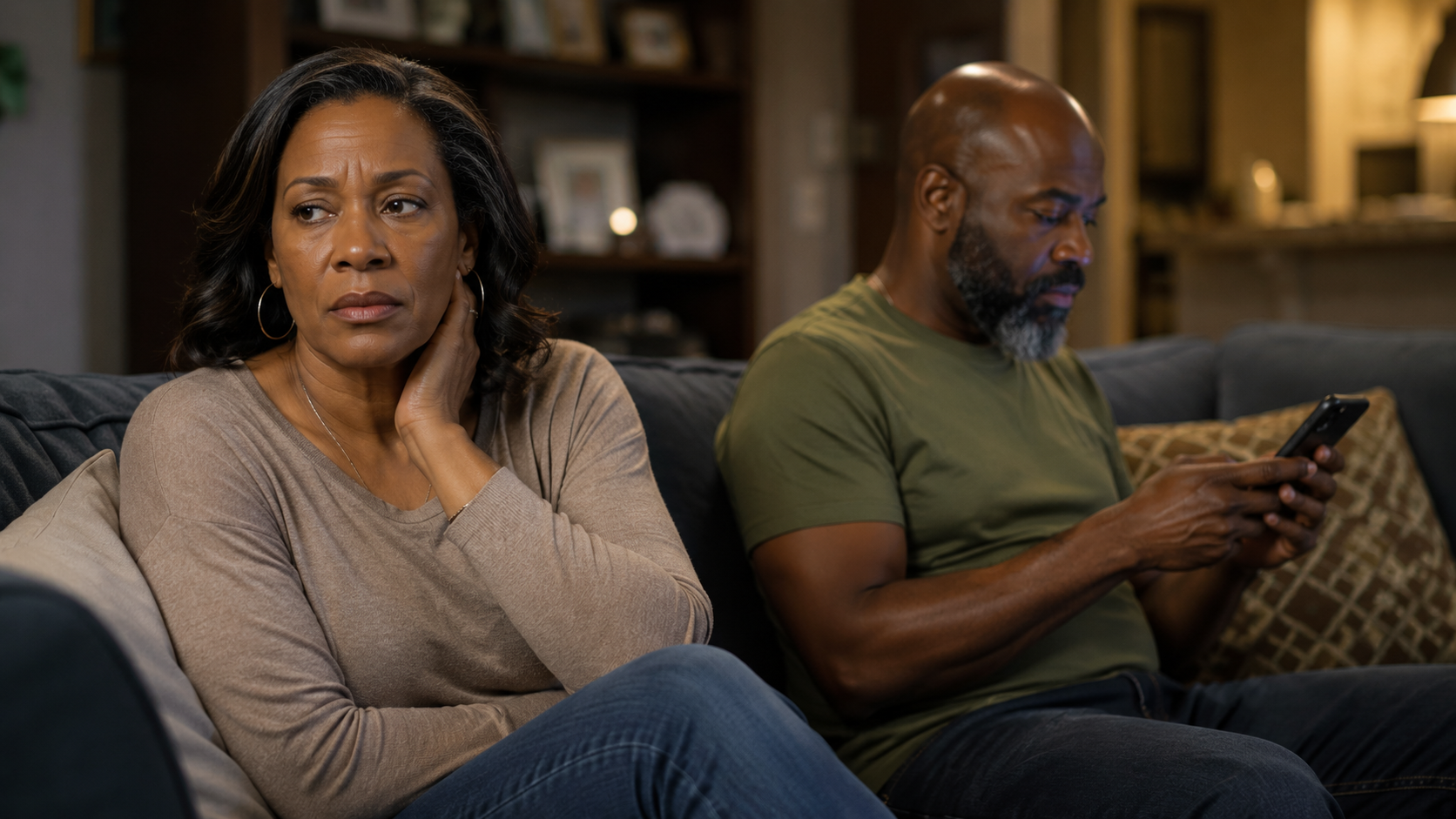 Couple over 50 sitting on couch in emotional disconnection — the silent crisis of Grey Divorce
