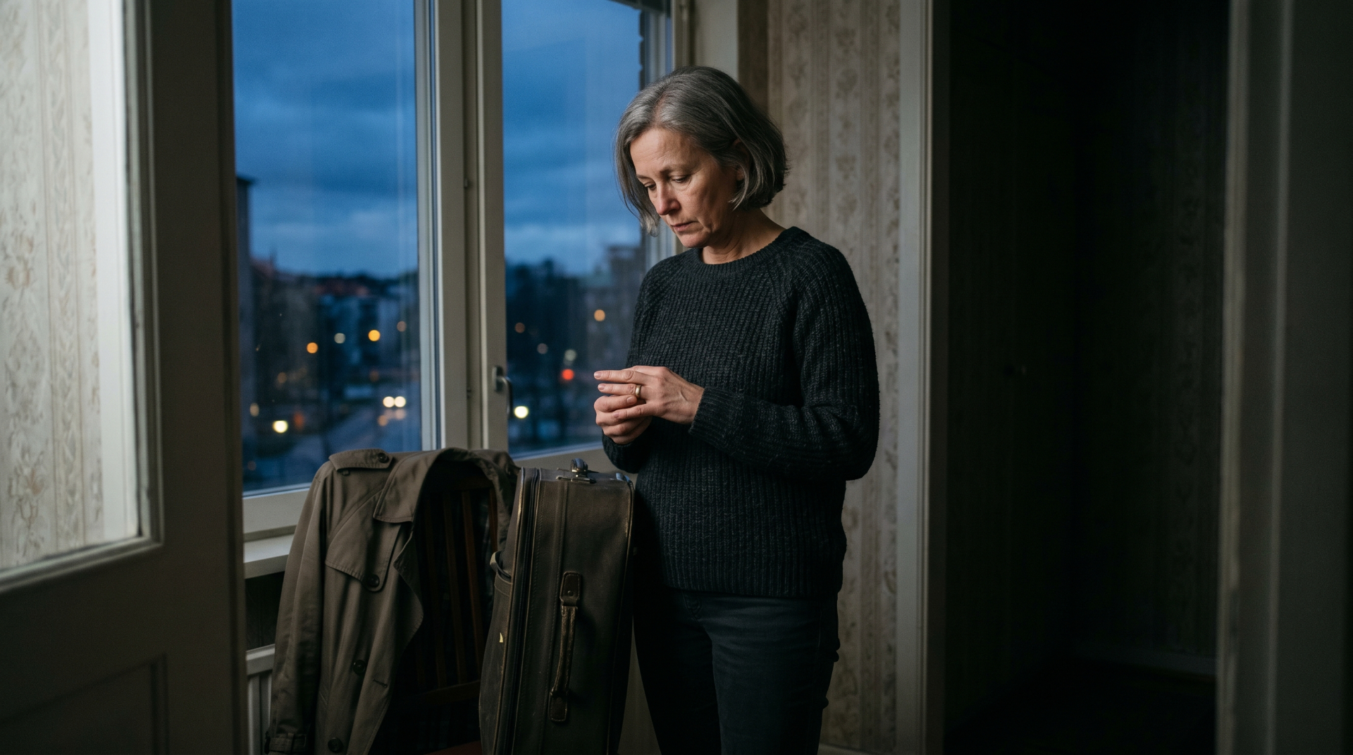 Older woman holding wedding ring next to packed suitcase, contemplating leaving